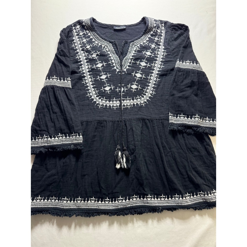 APNY Blouse Womens XL Black Cotton Embroidered Peasant Boho Tassel Top XL New